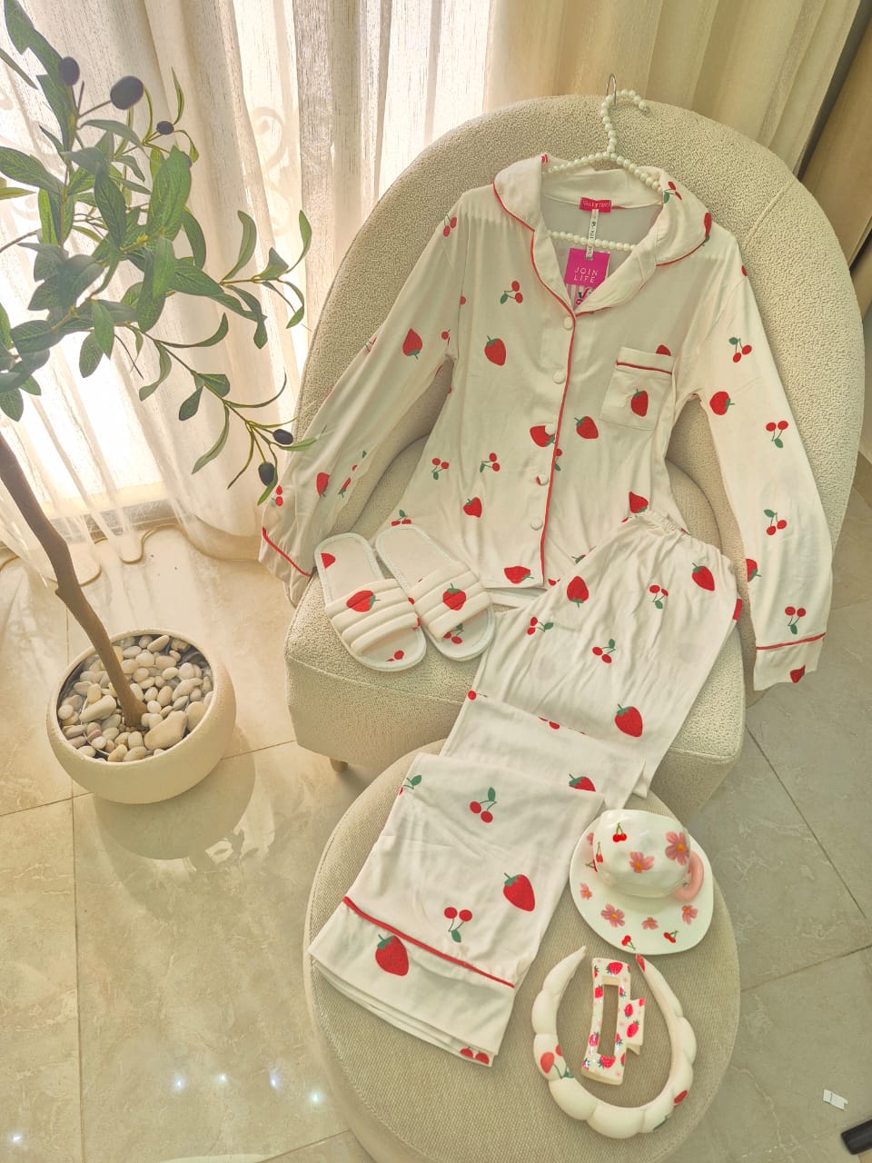 Strawberry & Cherry PJ Set with Slipper &  Hair Band