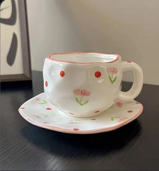 Pink Floral Dot Teacup & Saucer Set
