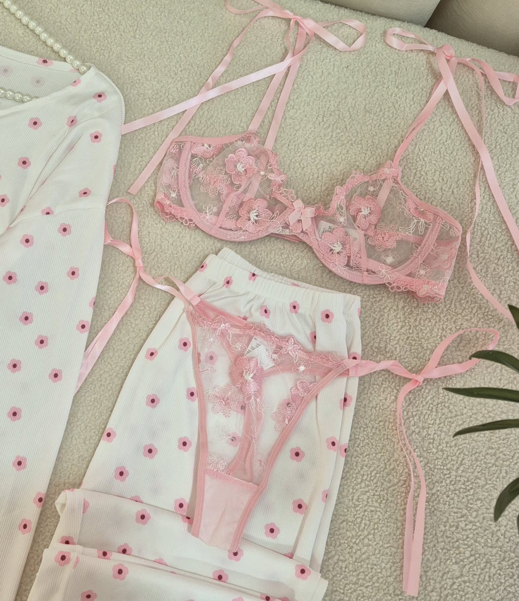 Pink Floral Bra Set