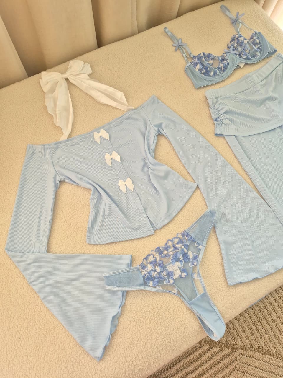 Blue Off-Shoulder PJ & Lingerie Set