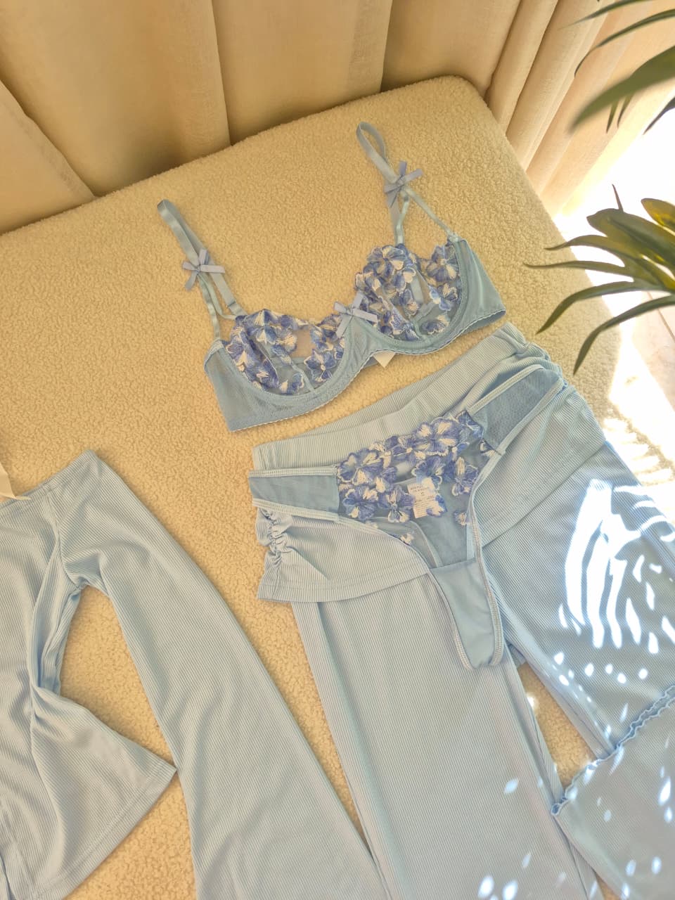 Blue Off-Shoulder PJ & Lingerie Set