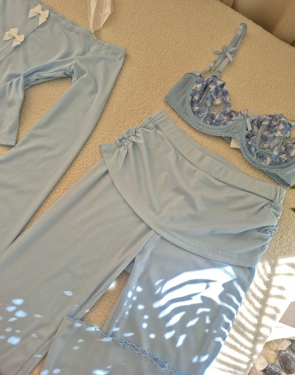 Blue Off-Shoulder PJ & Lingerie Set