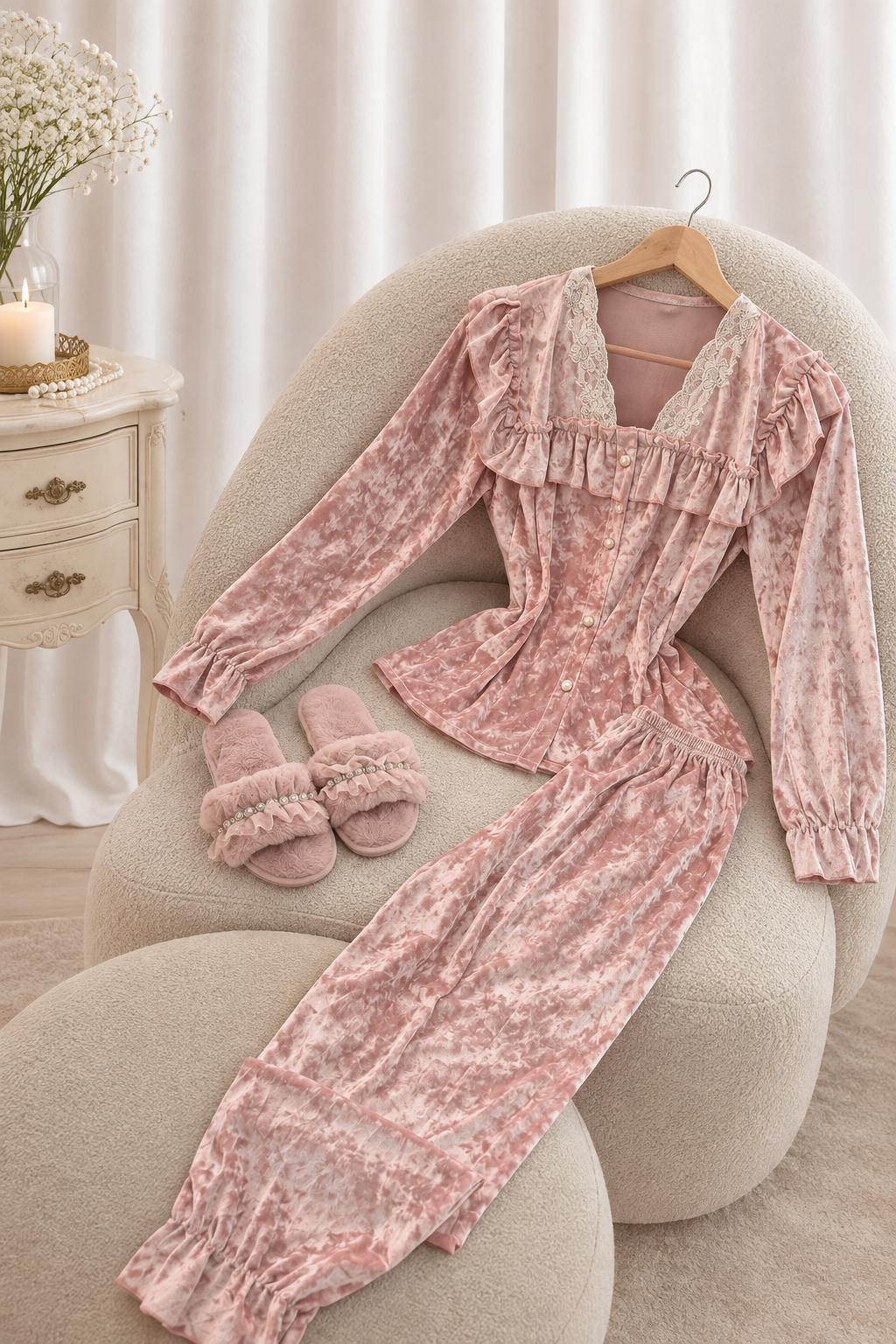 Rosé Lace Velvet Pajama Set Only