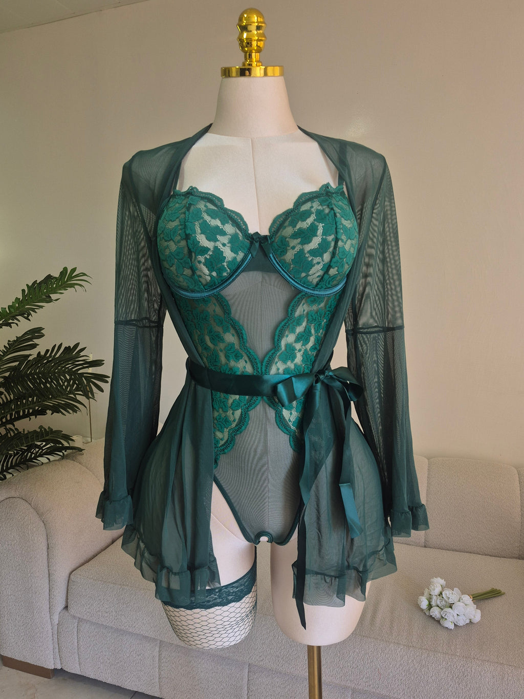 Green Bridal Body Suit with robe & socks