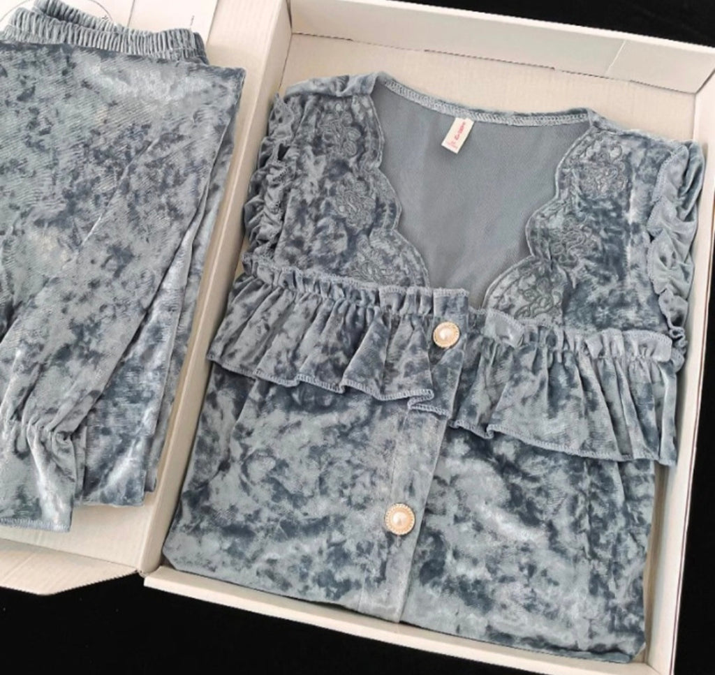 Steel Blue Lace Velvet Pajama Set Only