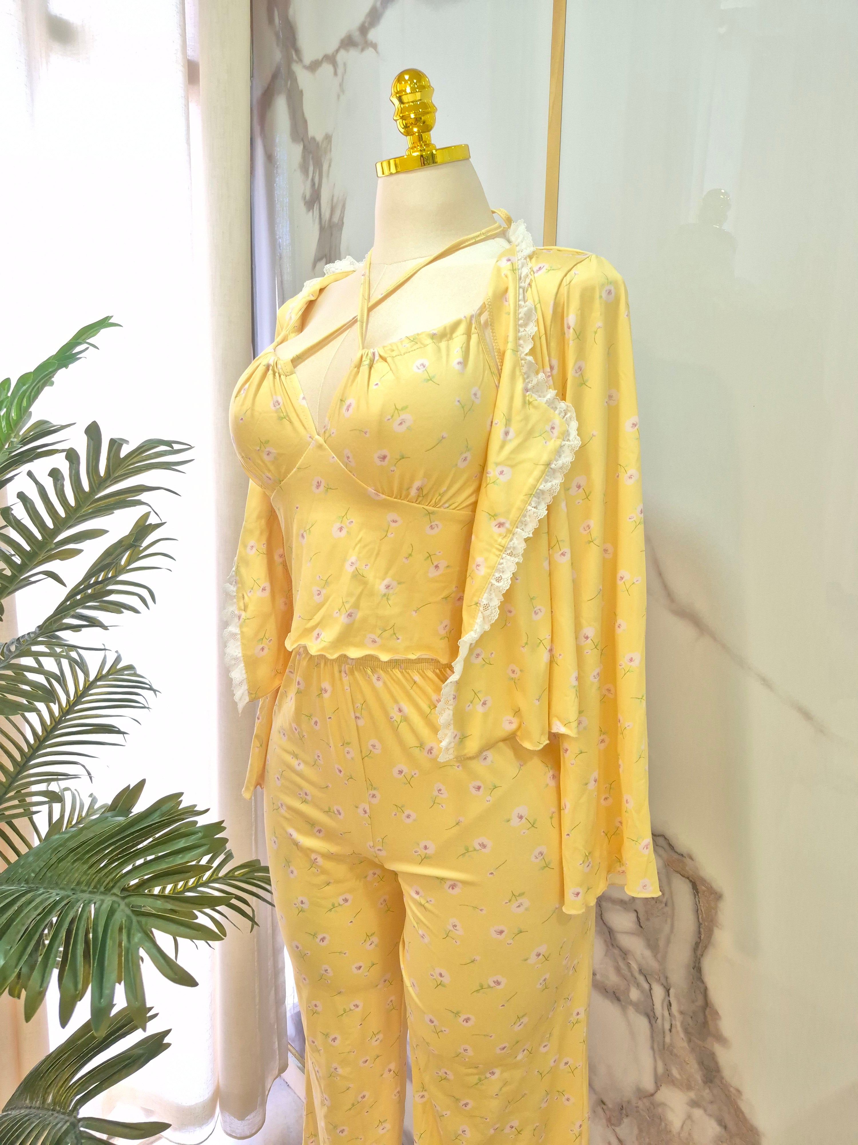 3 Pcs Floral Yellow Pajama Set