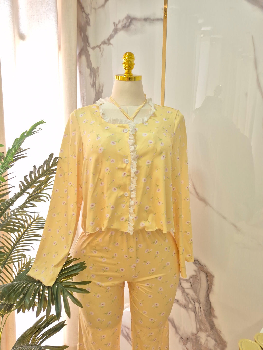 3 Pcs Floral Yellow Pajama Set
