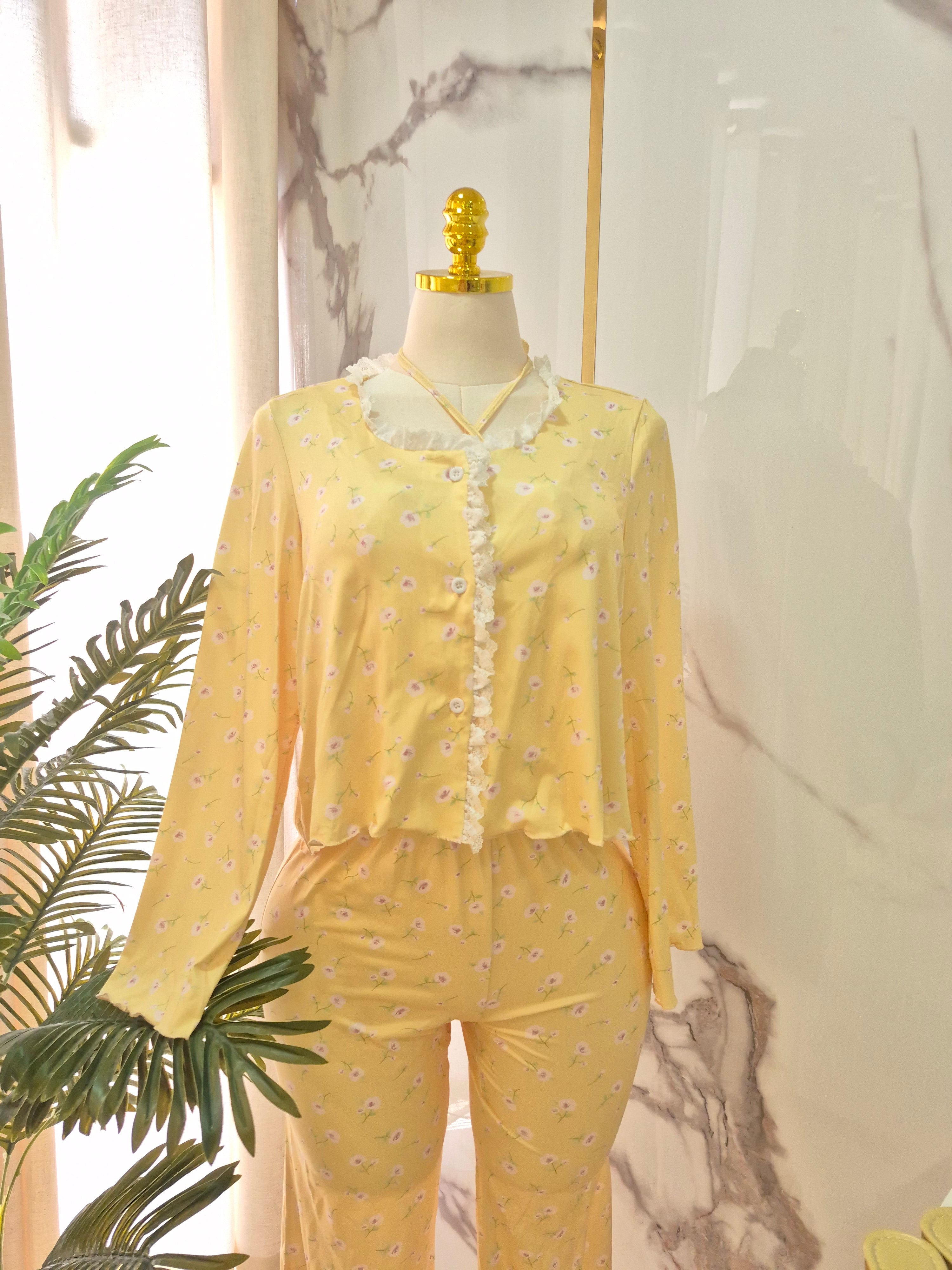 3 Pcs Floral Yellow Pajama Set