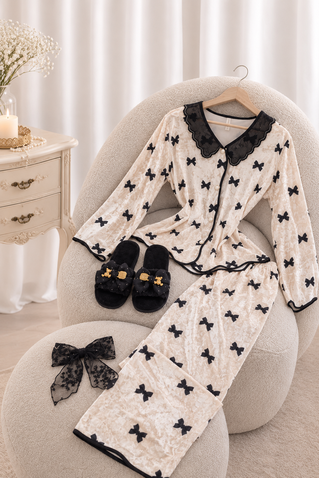 Black Bow Velvet Pajama Set Only