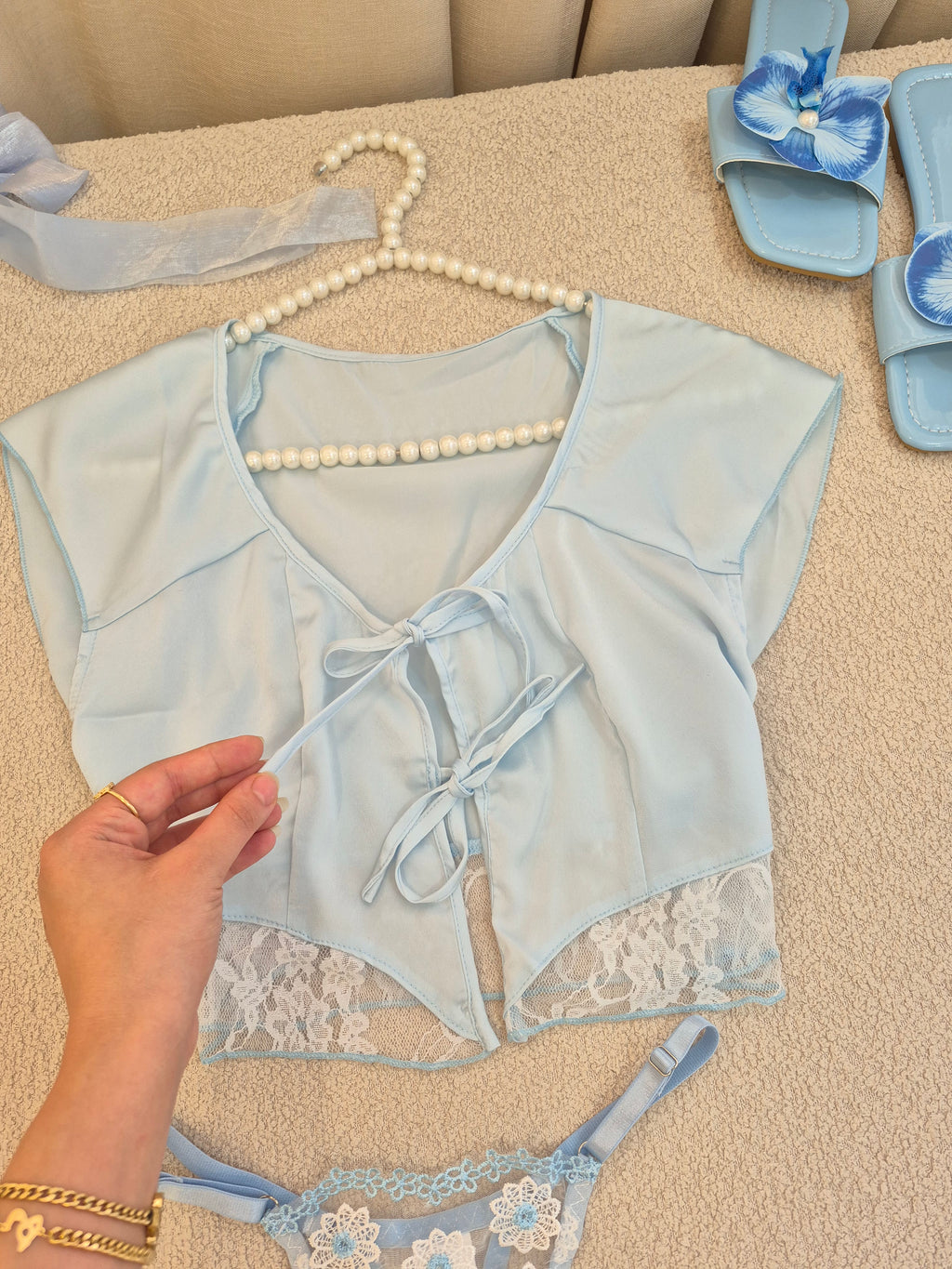 Blue Satin Lace Short Set With Bra Set 4pcs