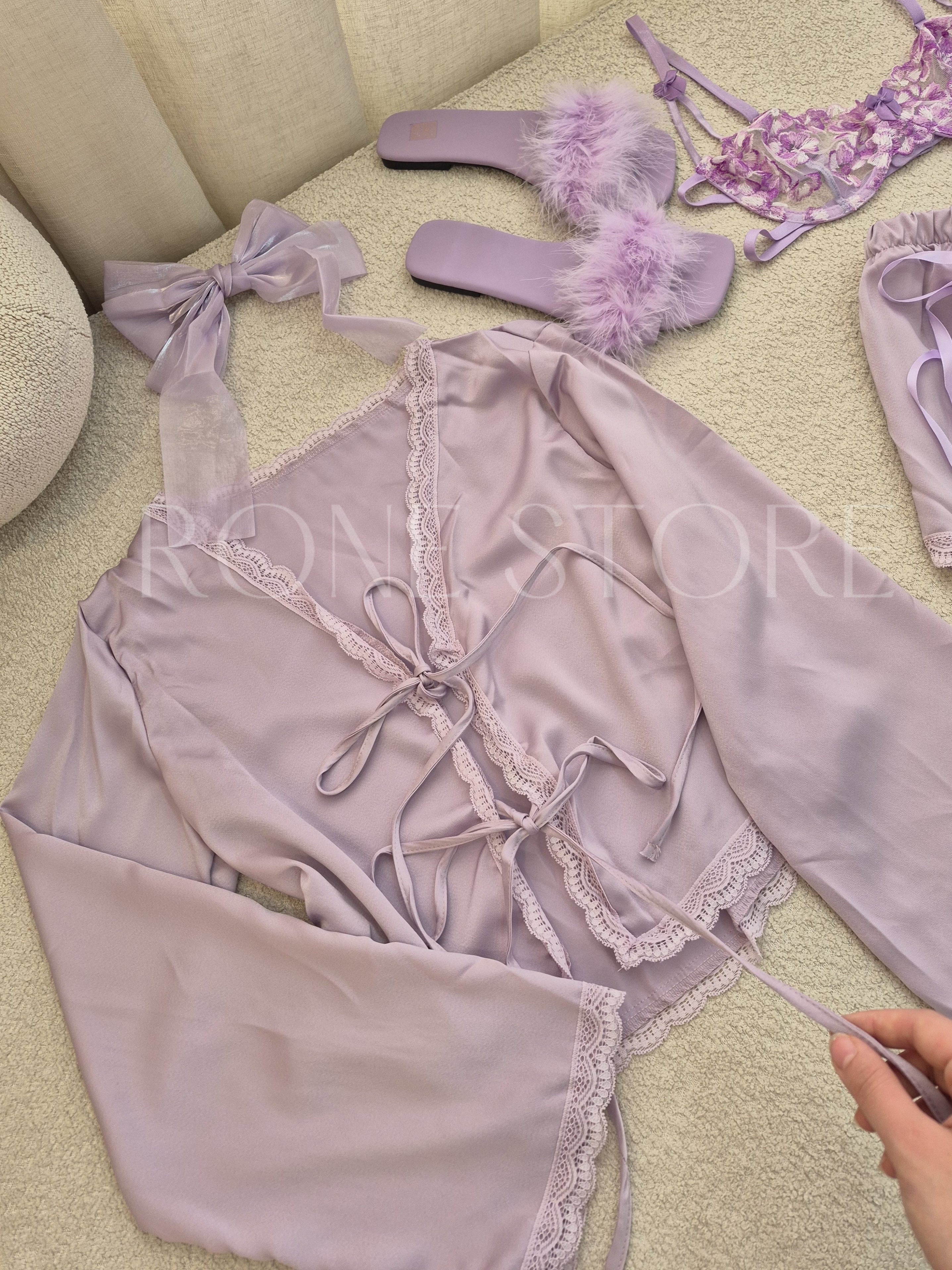 Purple Silk Satin Short Set With Bra Set