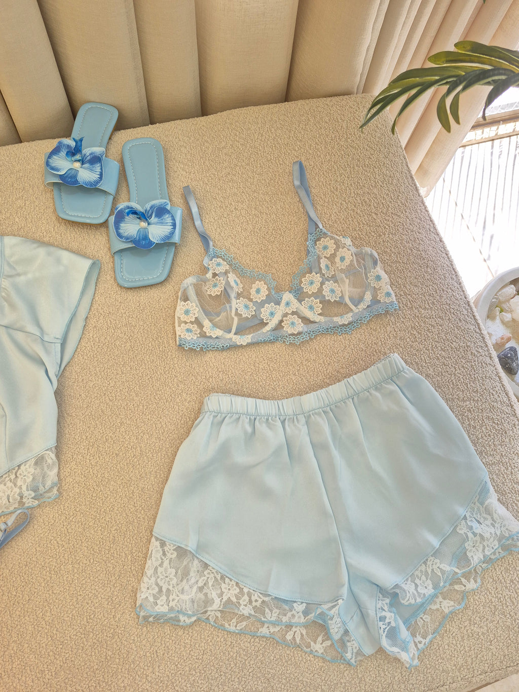 Blue Satin Lace Short Set With Bra Set 4pcs