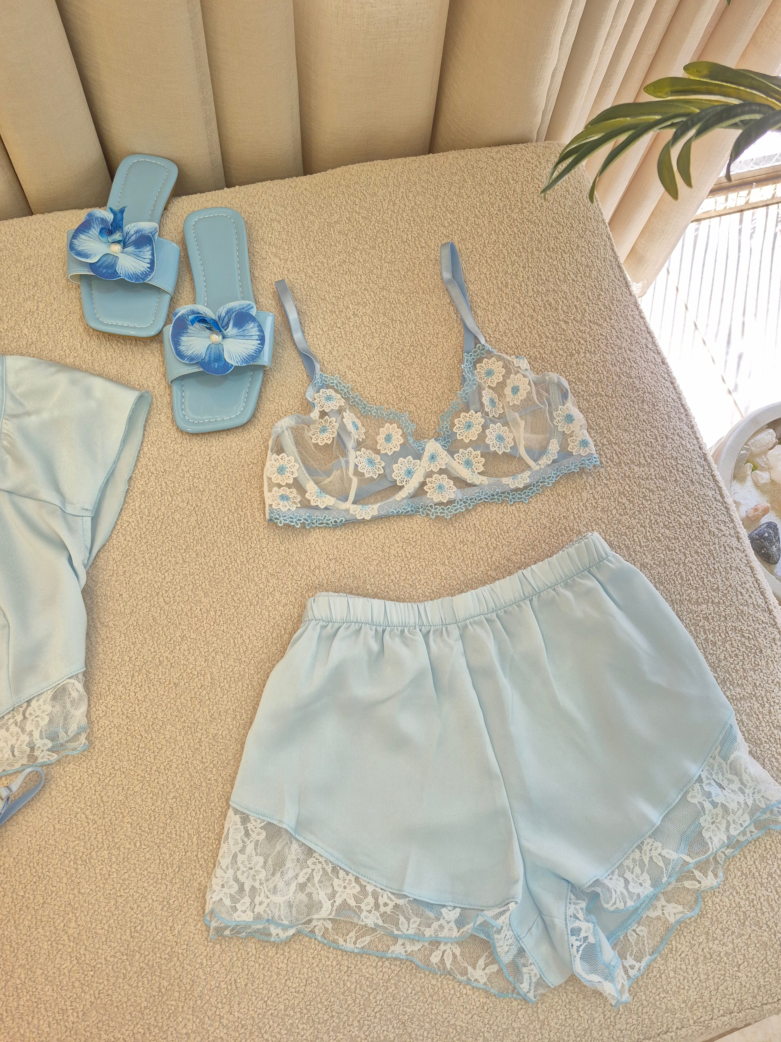 Blue Satin Lace Short Set With Bra Set 4pcs
