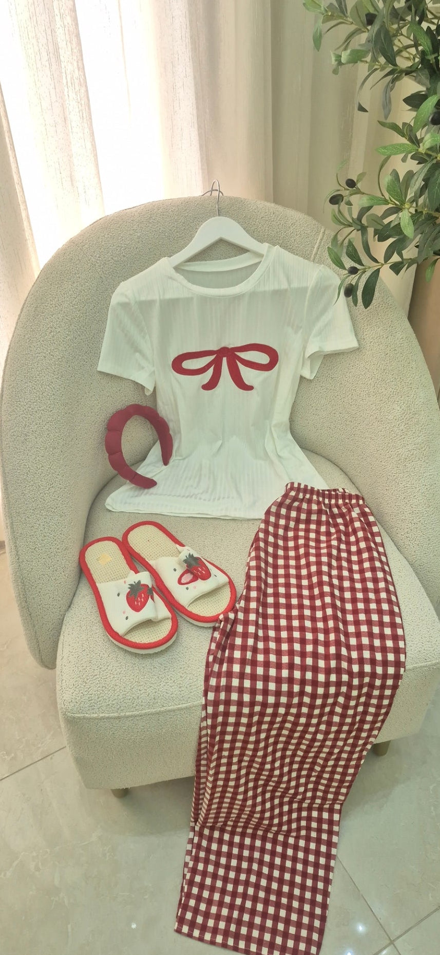 Burgendy Bow Pajama Set With Slipper