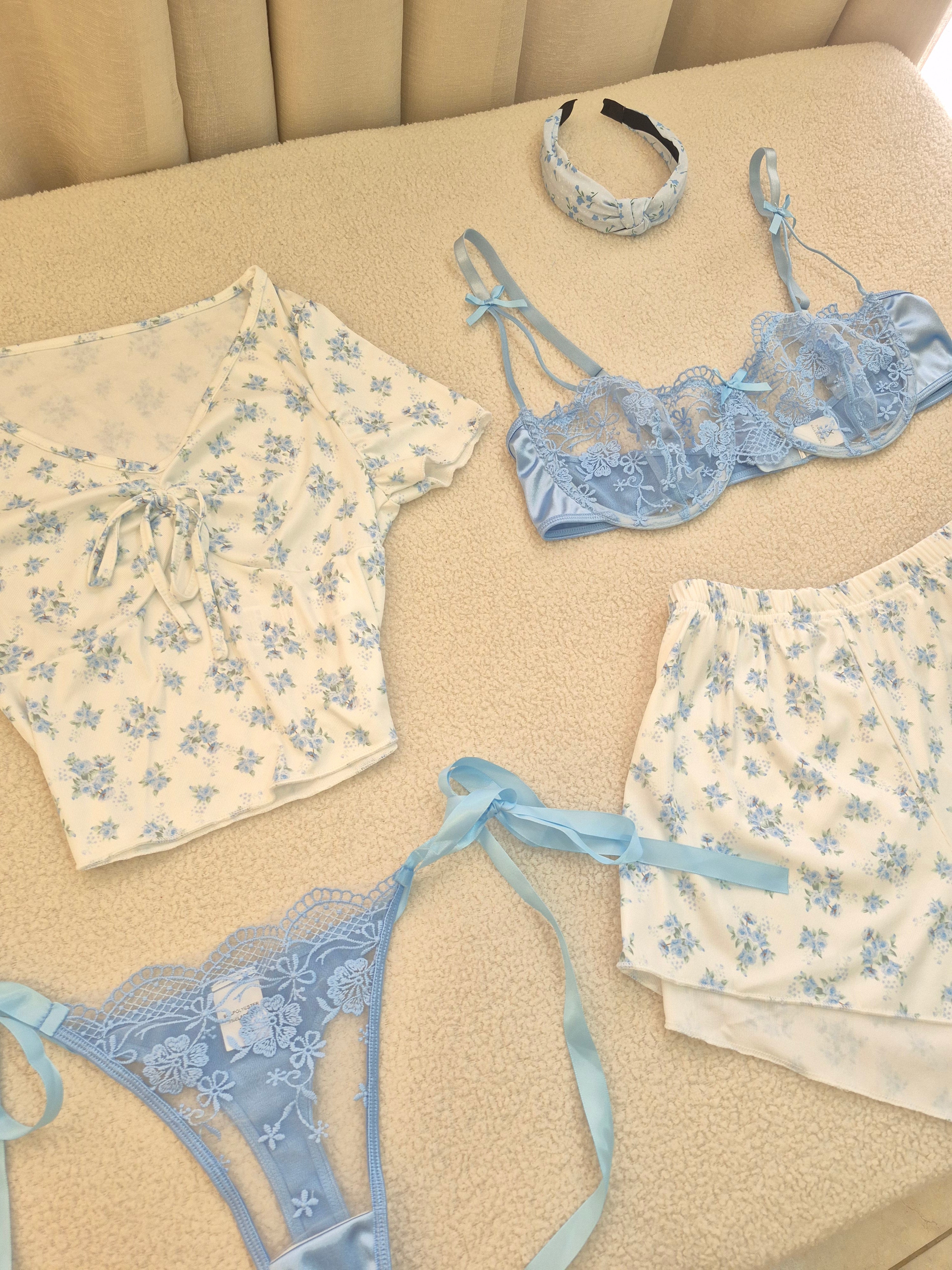 Blue Floral short Set With Bra Set 4pcs