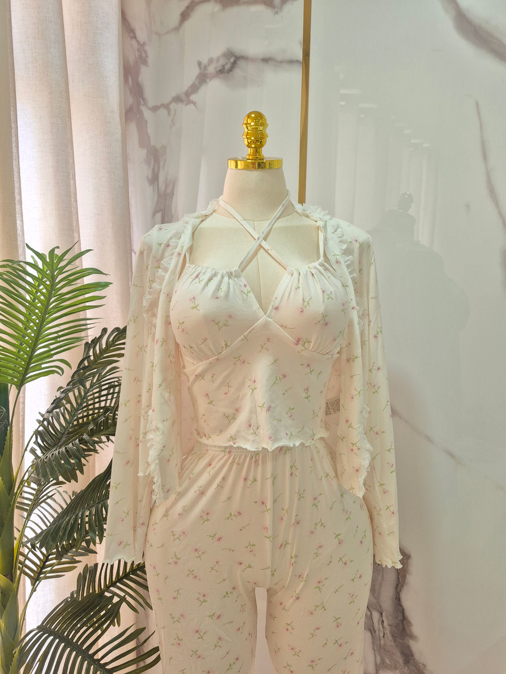 3 Pcs Floral White Pajama Set