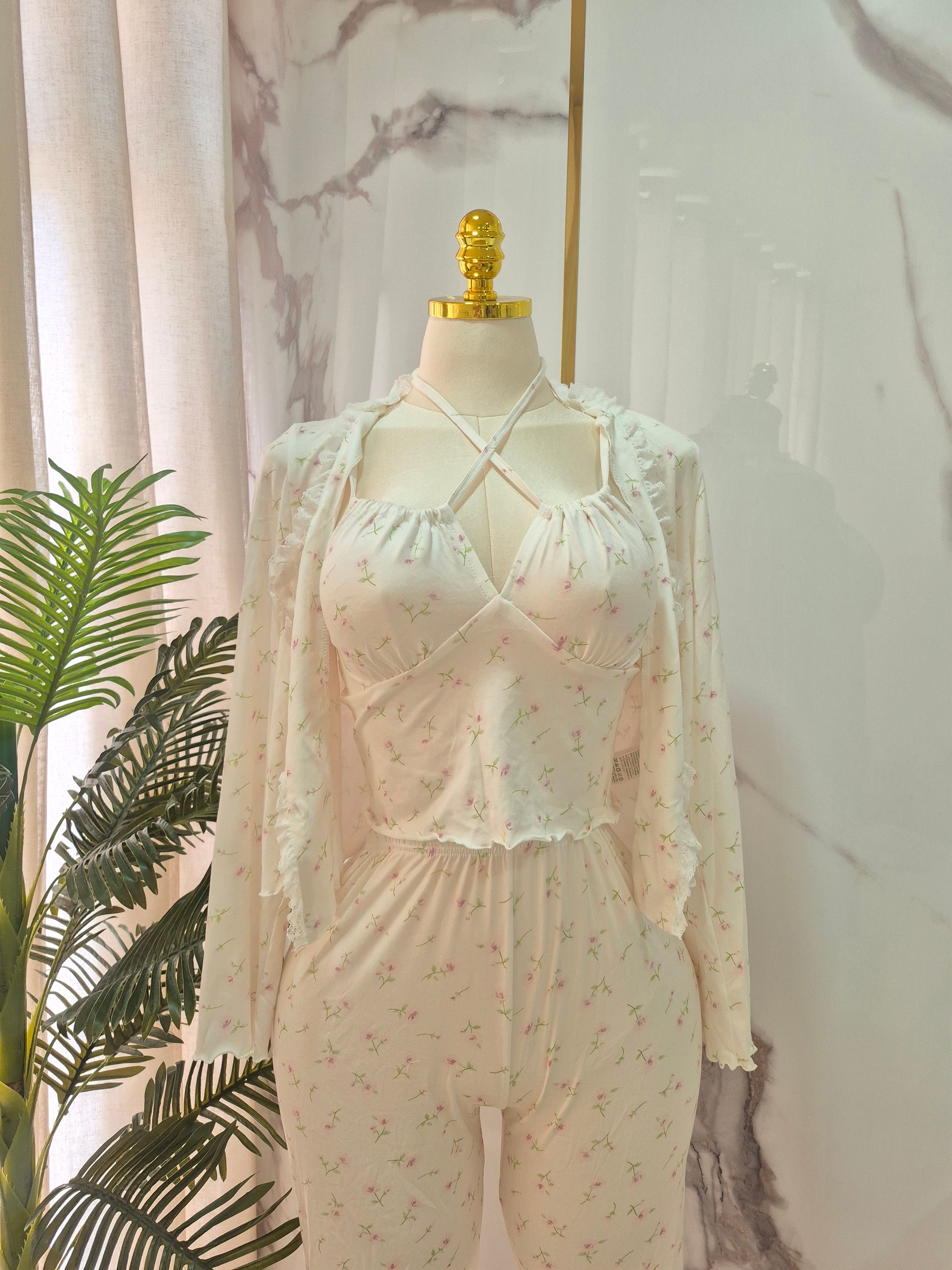 3 Pcs Floral White Pajama Set