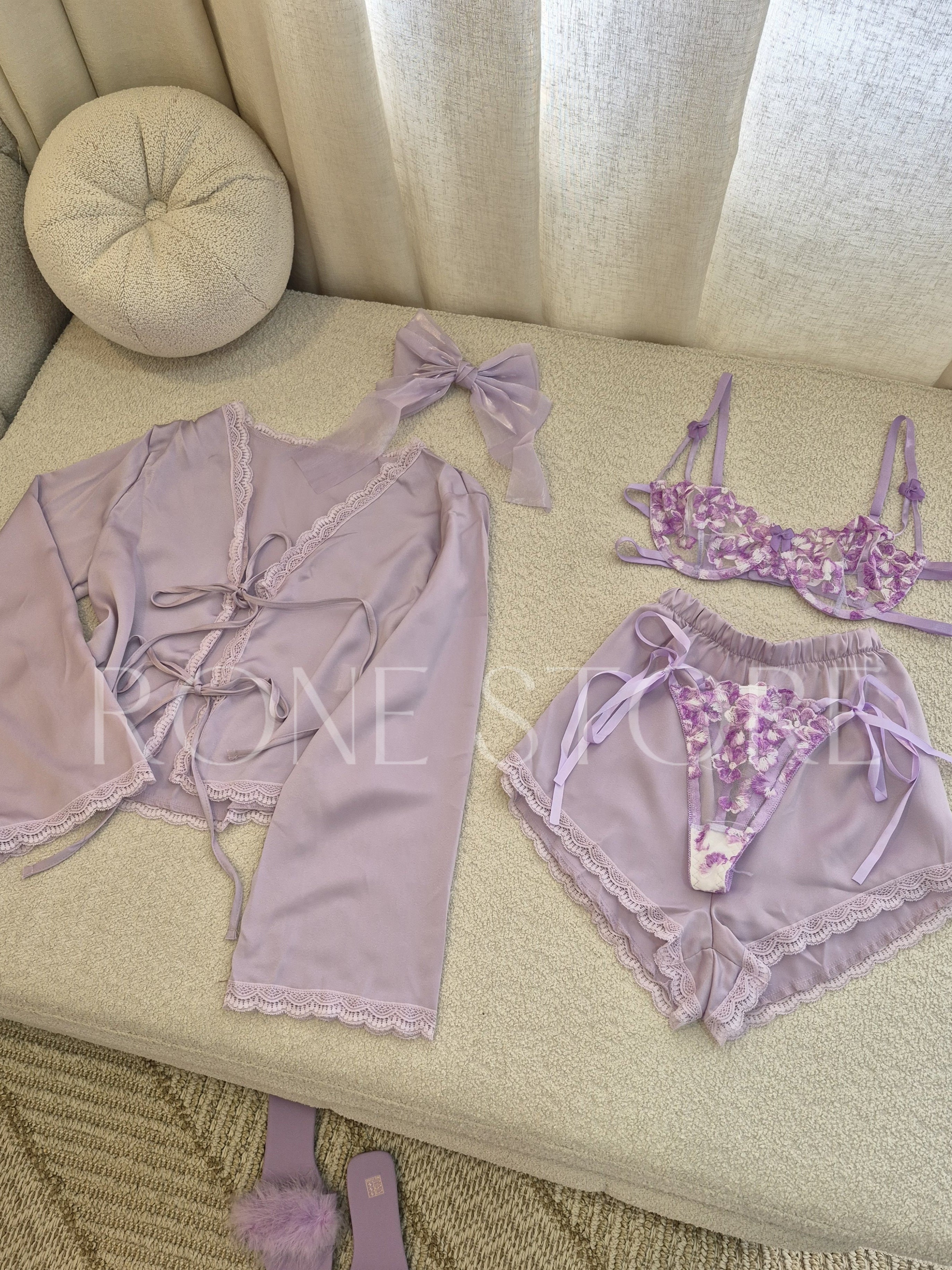 Purple Silk Satin Short Set With Bra Set