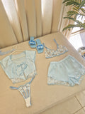 Blue Satin Lace Short Set With Bra Set 4pcs