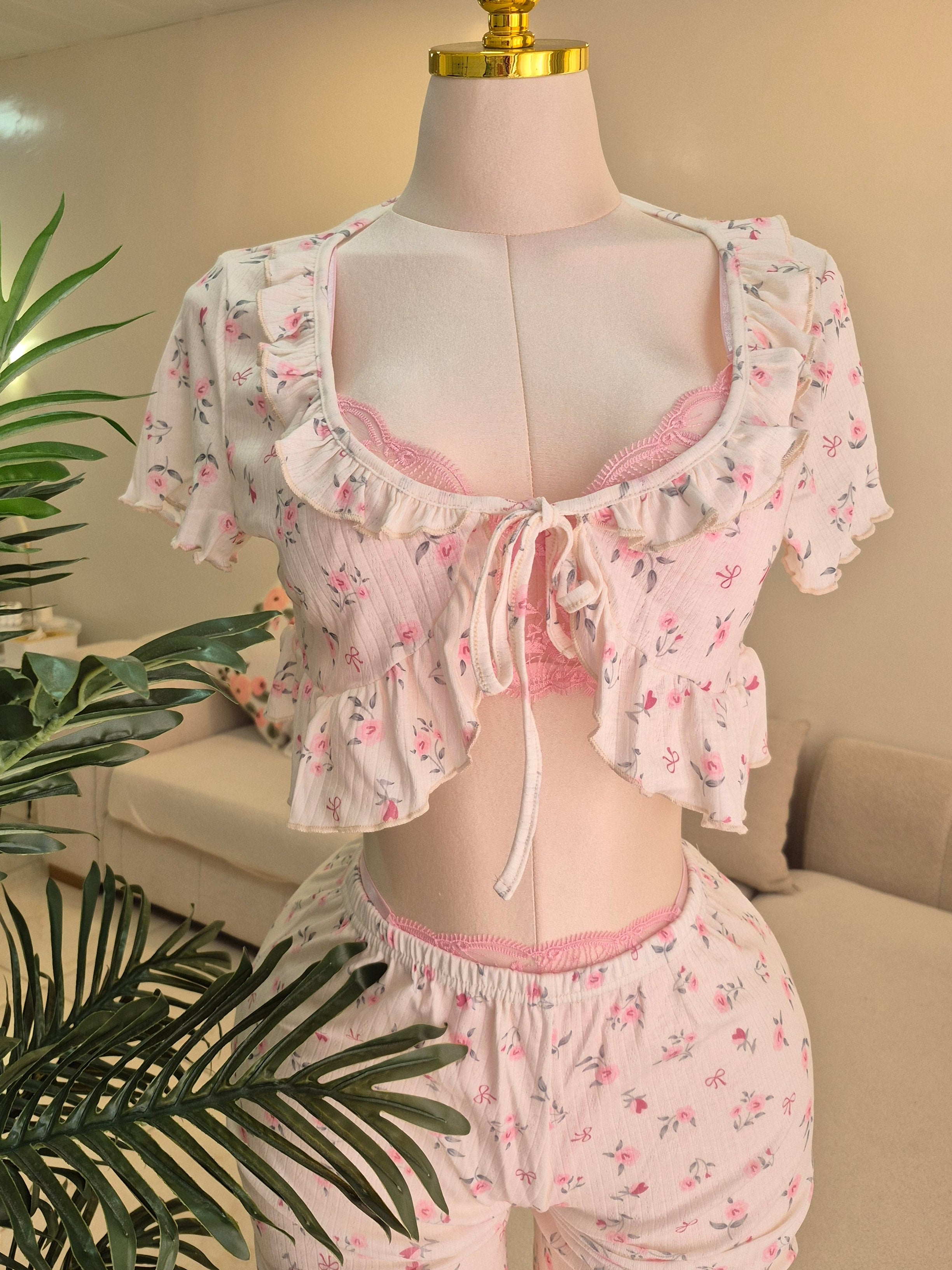 Feminine Floral Pajama with Bra Set