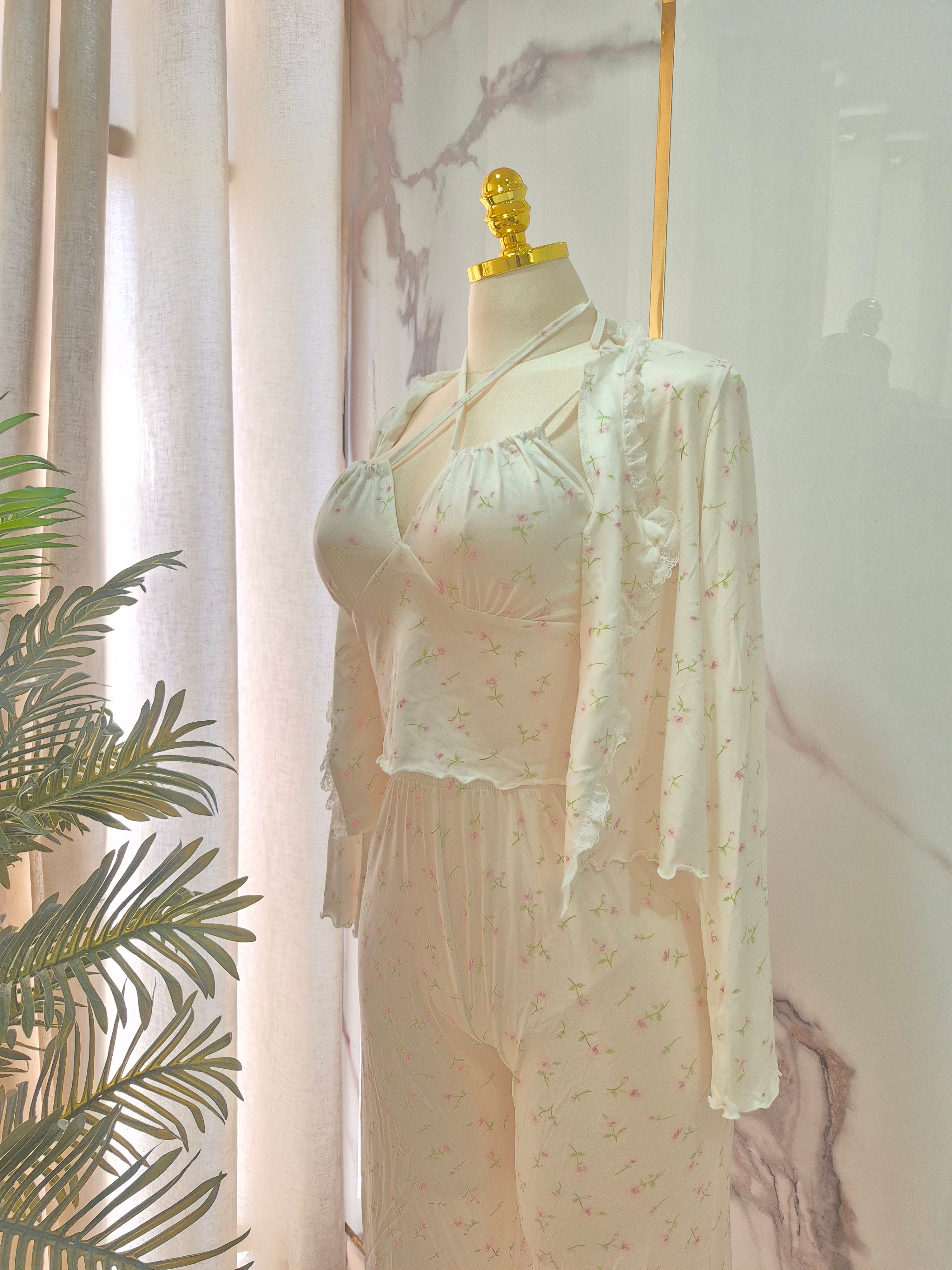 3 Pcs Floral White Pajama Set