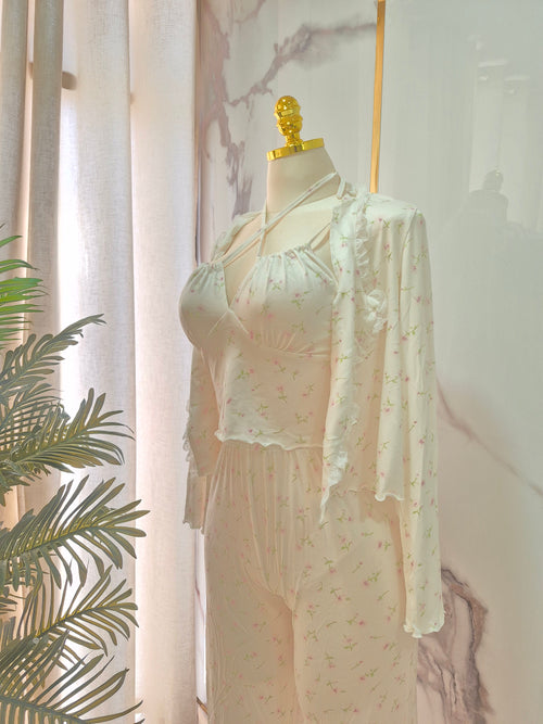 3 Pcs Floral White Pajama Set