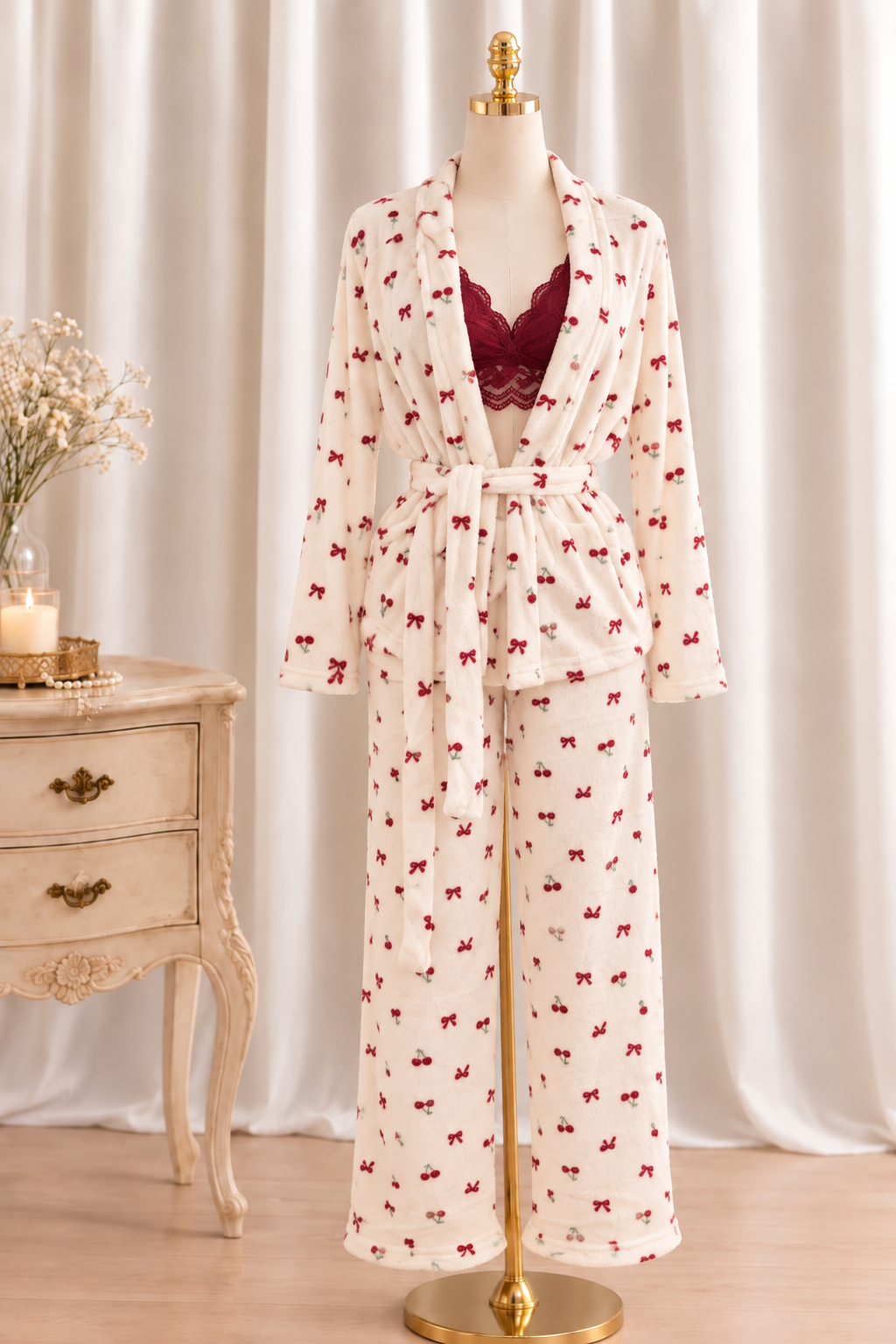 Cherry Romance  3Piece Pajama Set