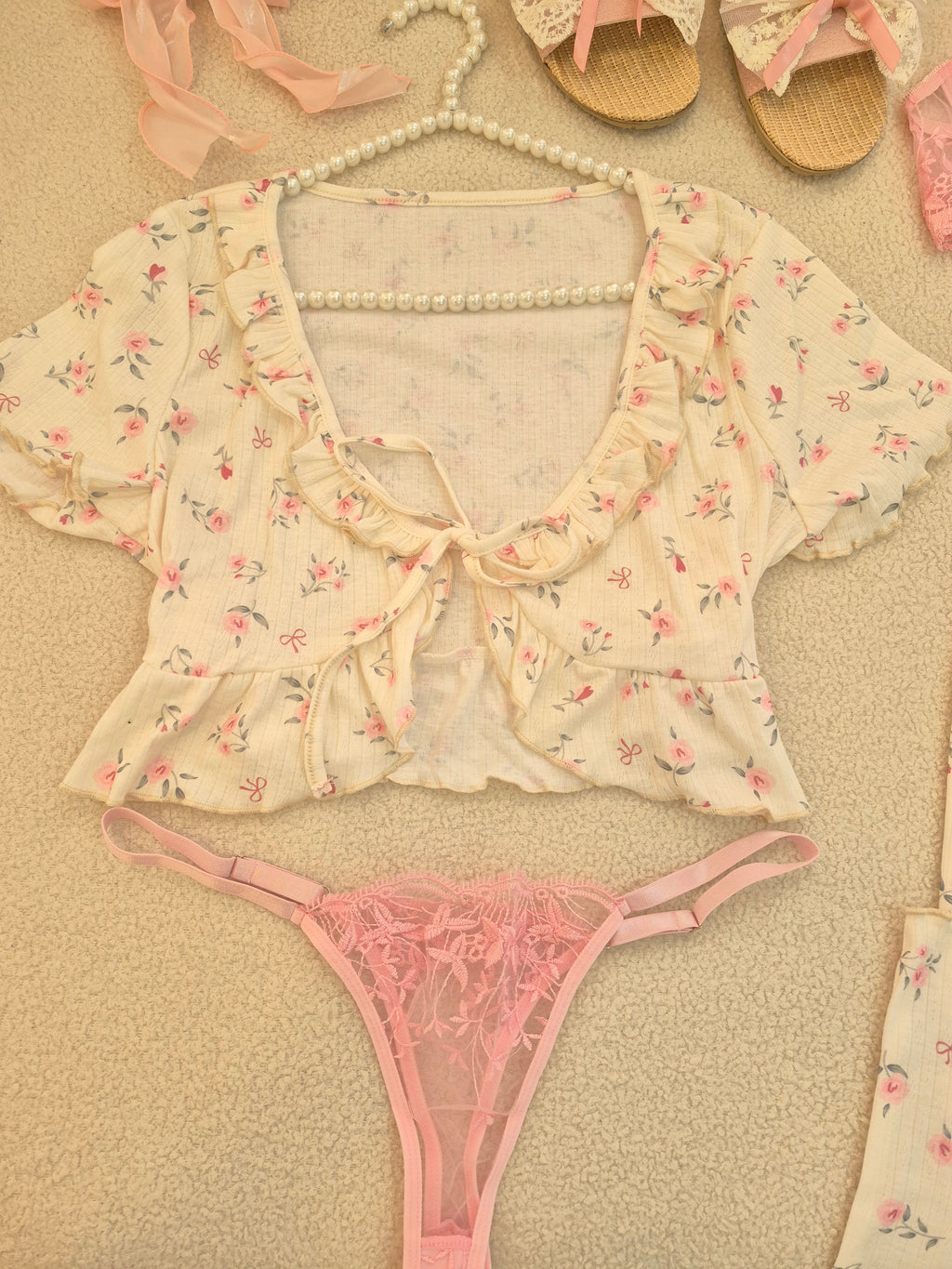Feminine Floral Pajama with Bra Set