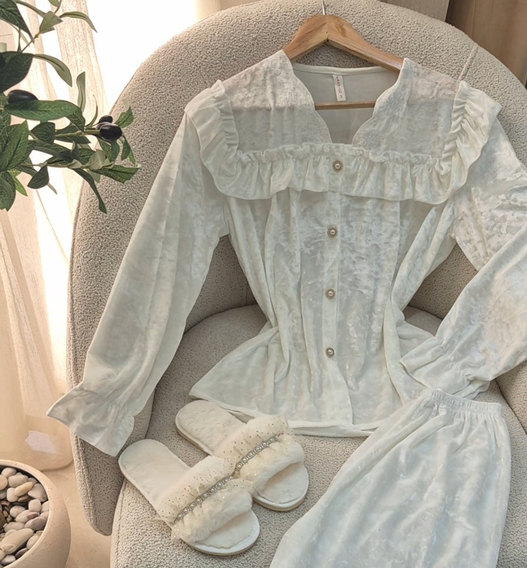Ivory Lace Velvet Pajama Set Only