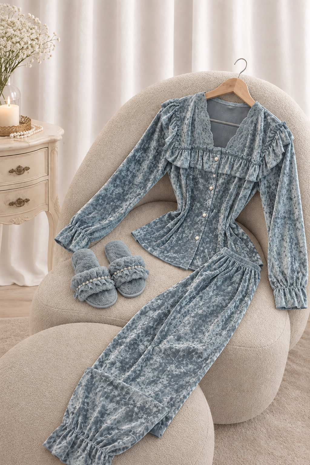 Steel Blue Lace Velvet Pajama Set Only