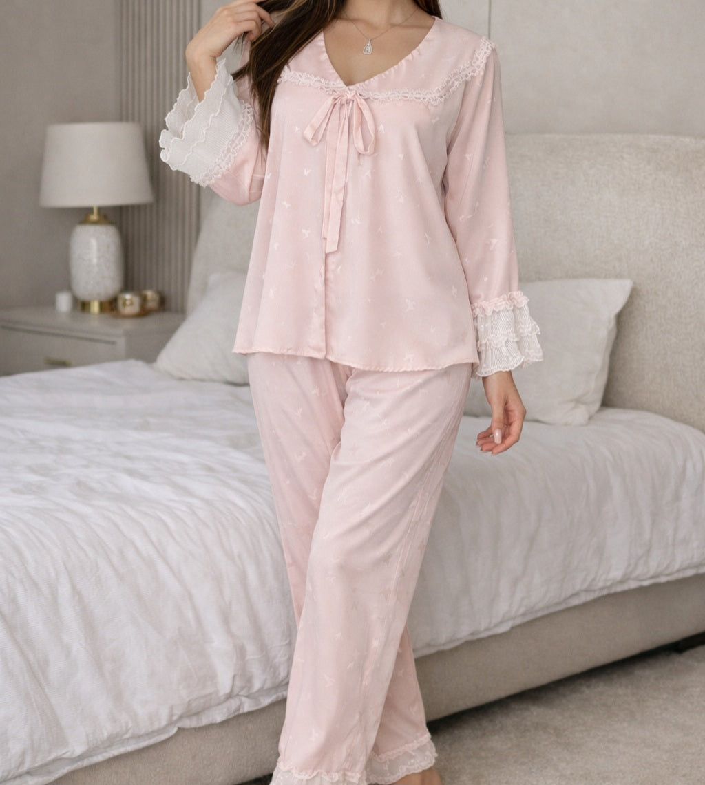 Baby Pink Silk Satin Pajama Set