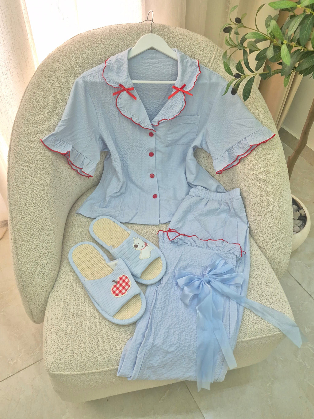 Blue & Red Pajama Set with Slipper