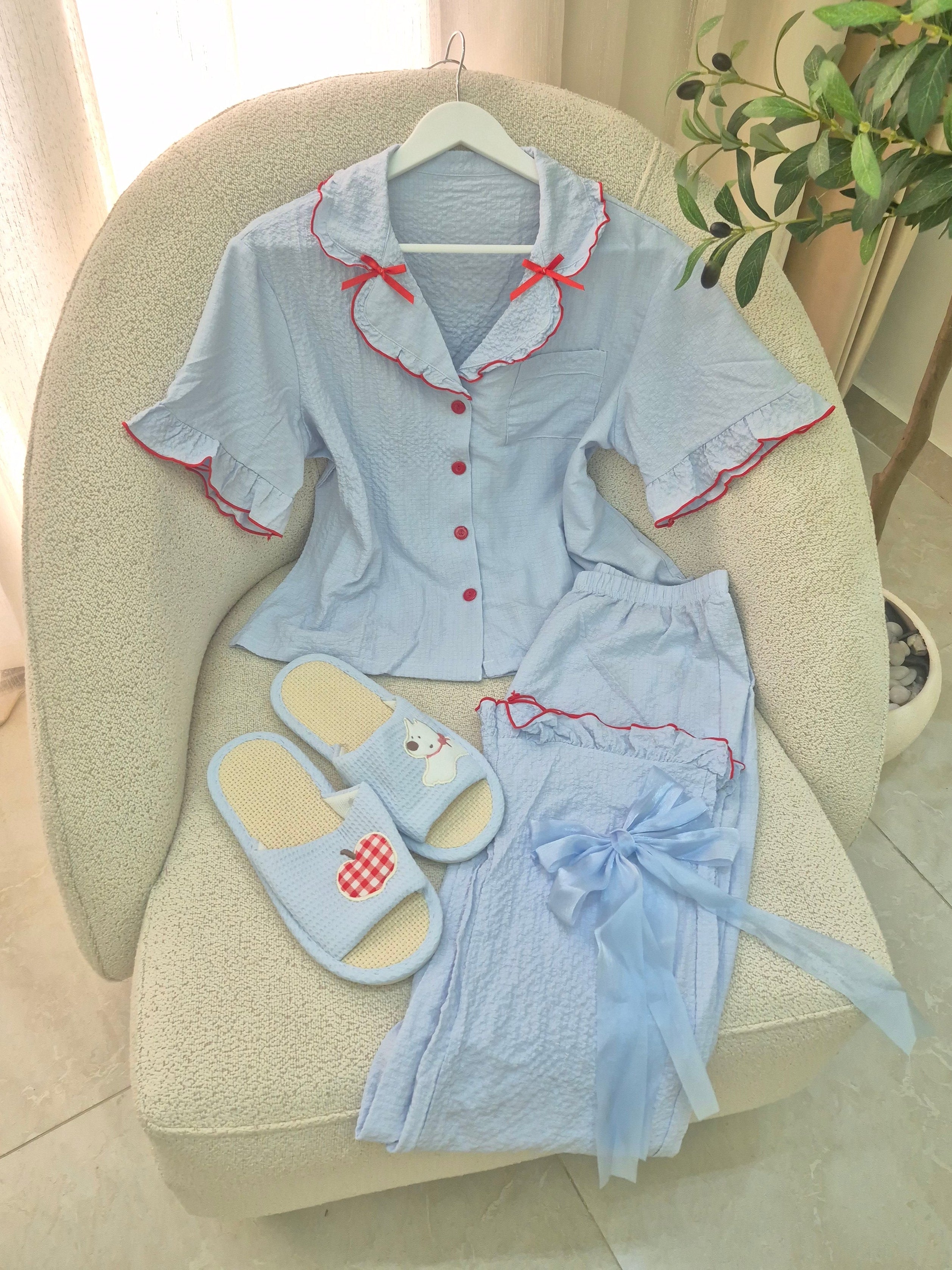 Blue & Red Pajama Set with Slipper