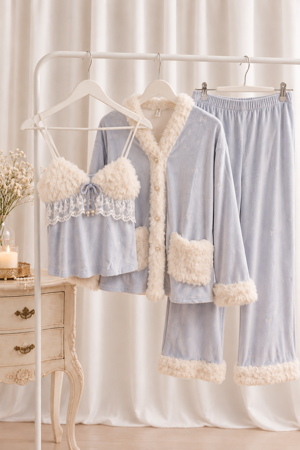 Frusty Blue Winter Pajama 3 pcs with white Fuzzy Slipper