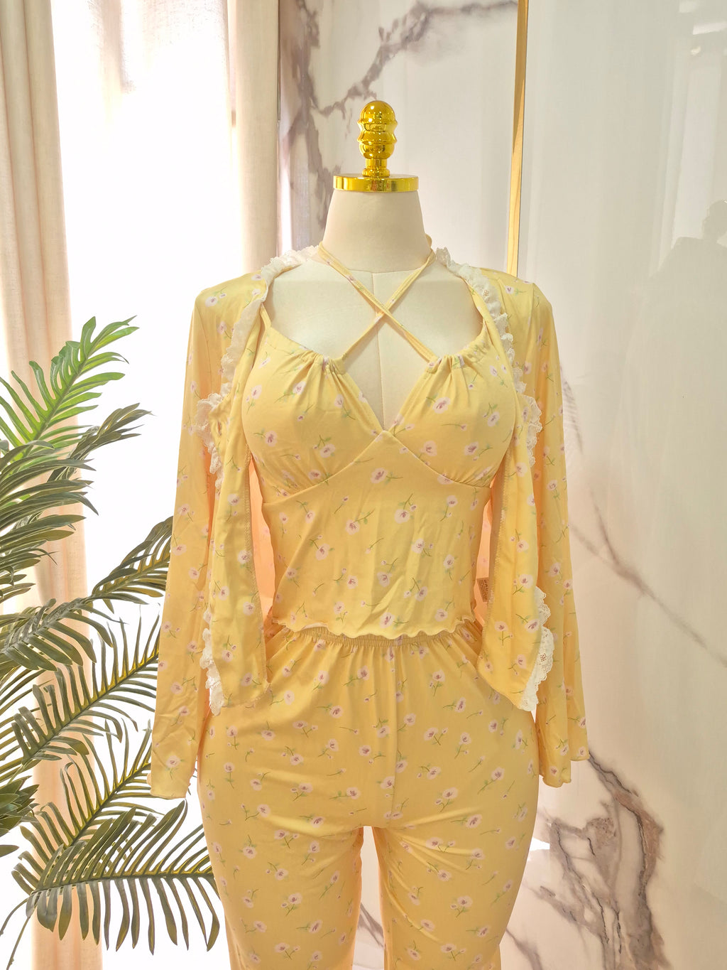 3 Pcs Floral Yellow Pajama Set