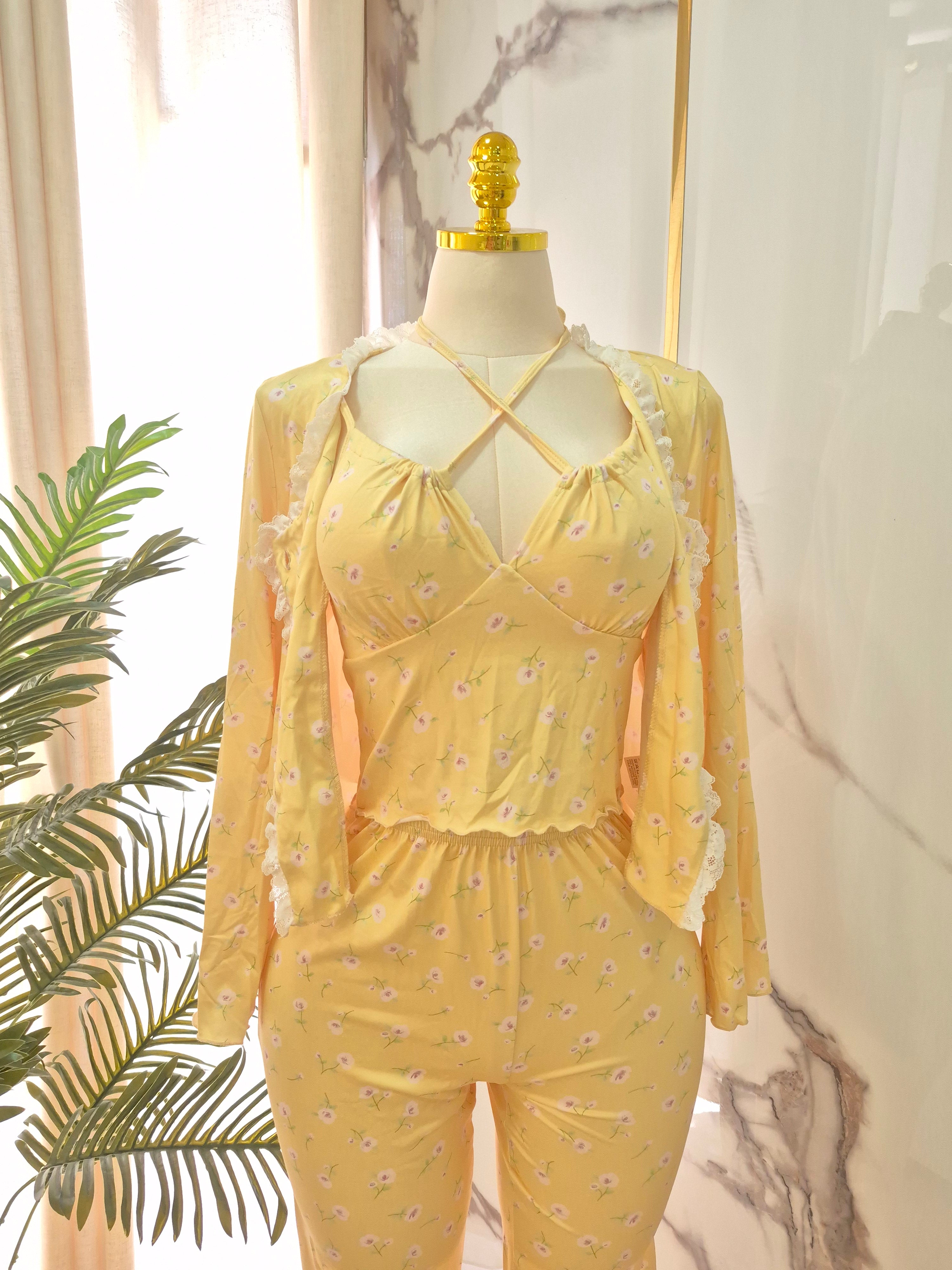 3 Pcs Floral Yellow Pajama Set