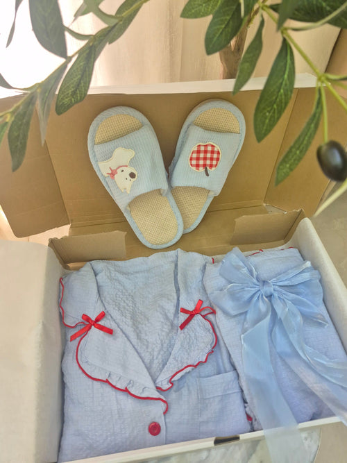 Blue & Red Pajama Set with Slipper