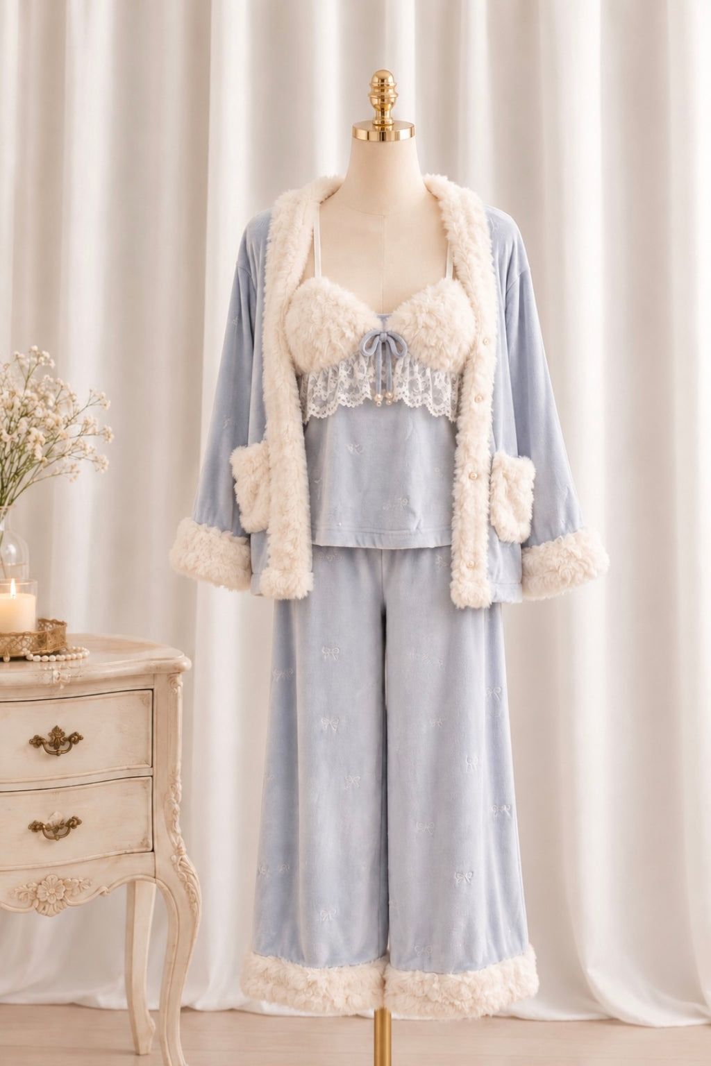 Frusty Blue Winter Pajama 3 pcs with white Fuzzy Slipper