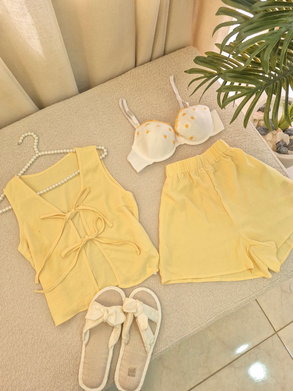 Yellow Bow Short Set With Bra