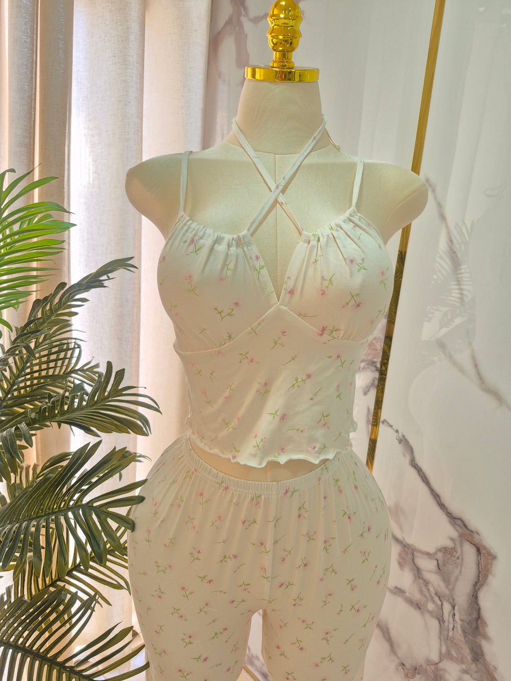 3 Pcs Floral White Pajama Set