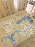 Blue Floral short Set With Bra Set 4pcs