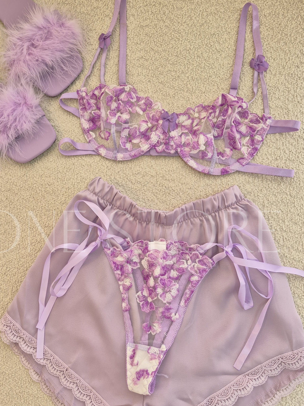 Purple Silk Satin Short Set With Bra Set