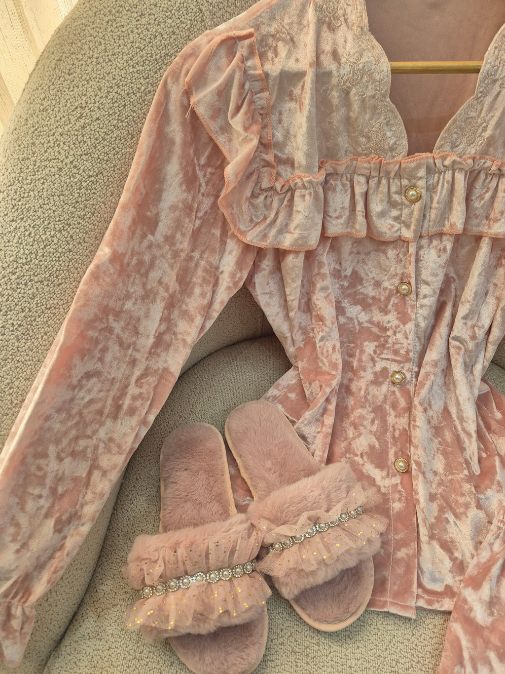 Rosé Lace Velvet Pajama Set Only