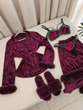 Floral Burgendy Velvet Pajama Set with Bra Set 4pcs