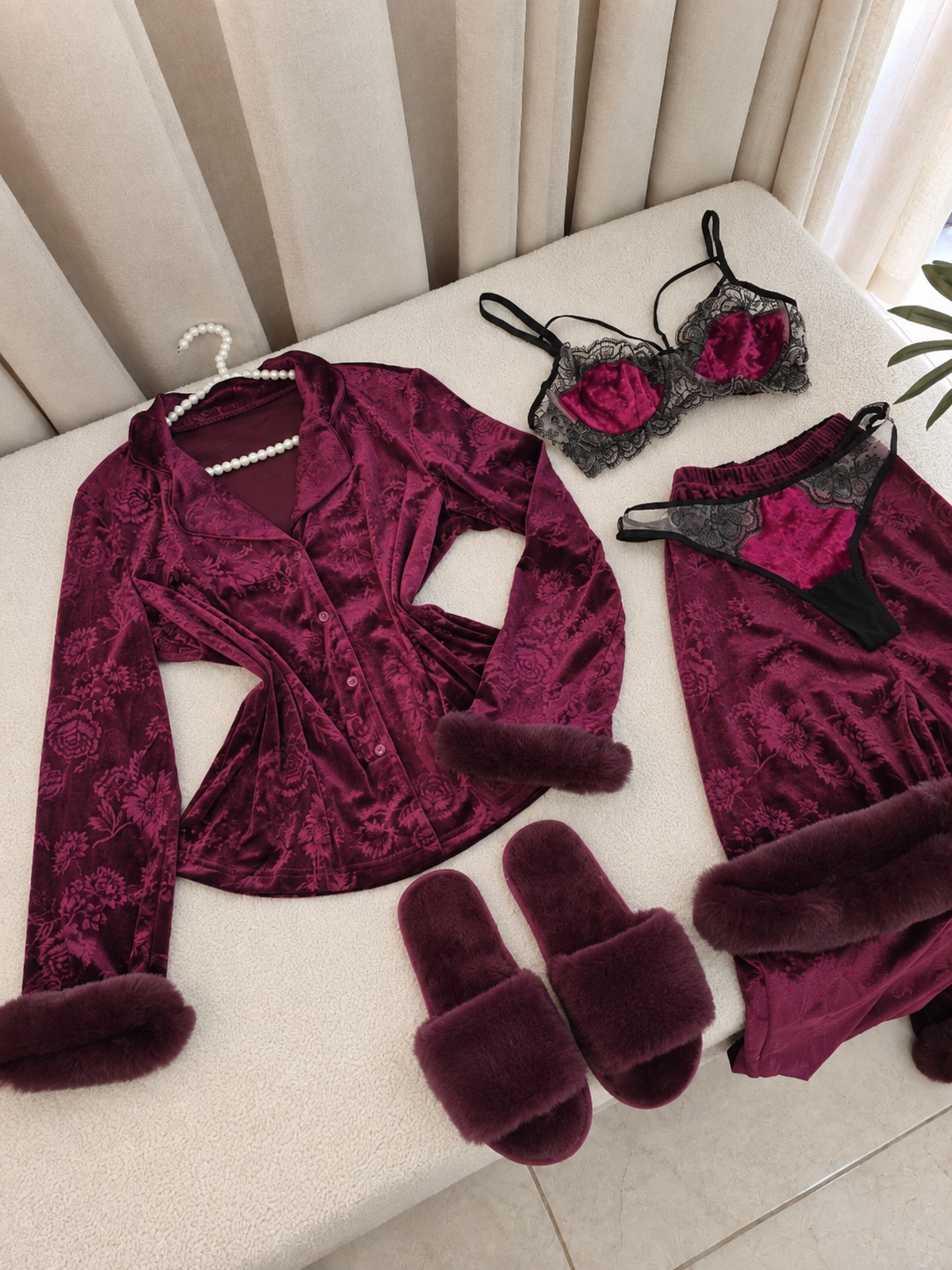 Floral Burgendy Velvet Pajama Set with Bra Set 4pcs