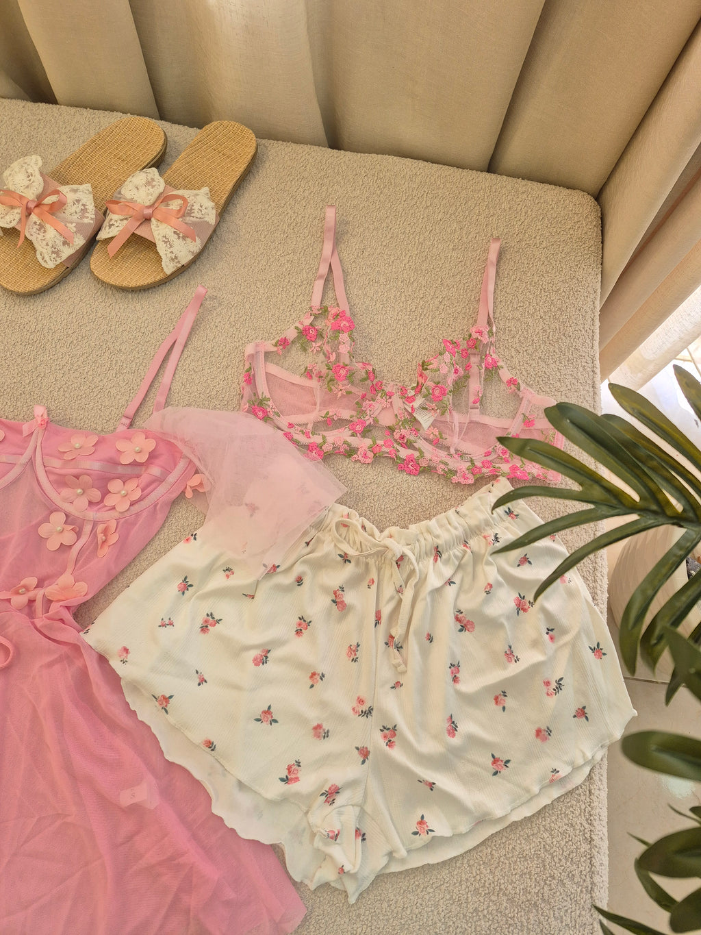 Floral Pink Short Set with Lingerie