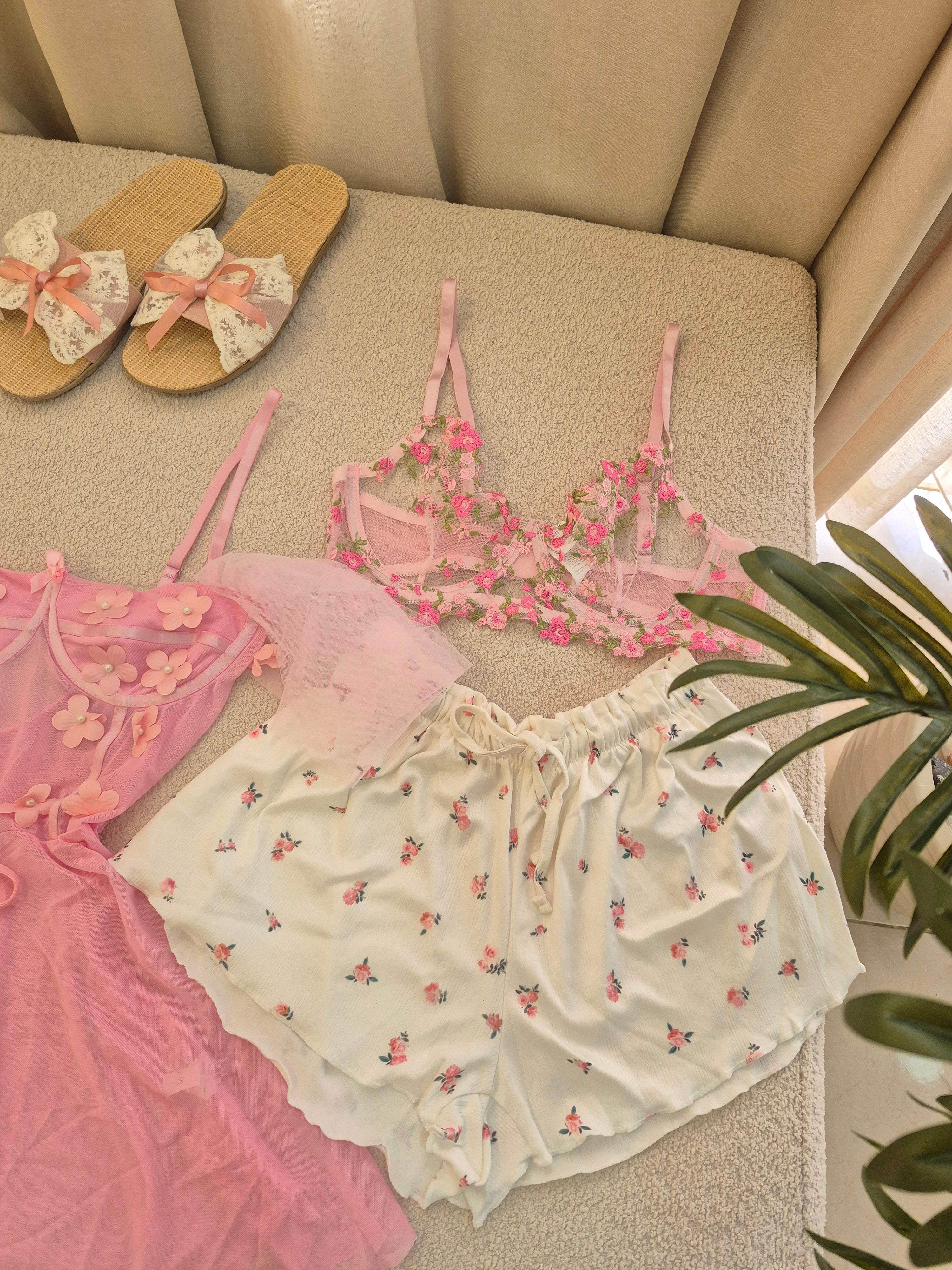 Floral Pink Short Set with Lingerie