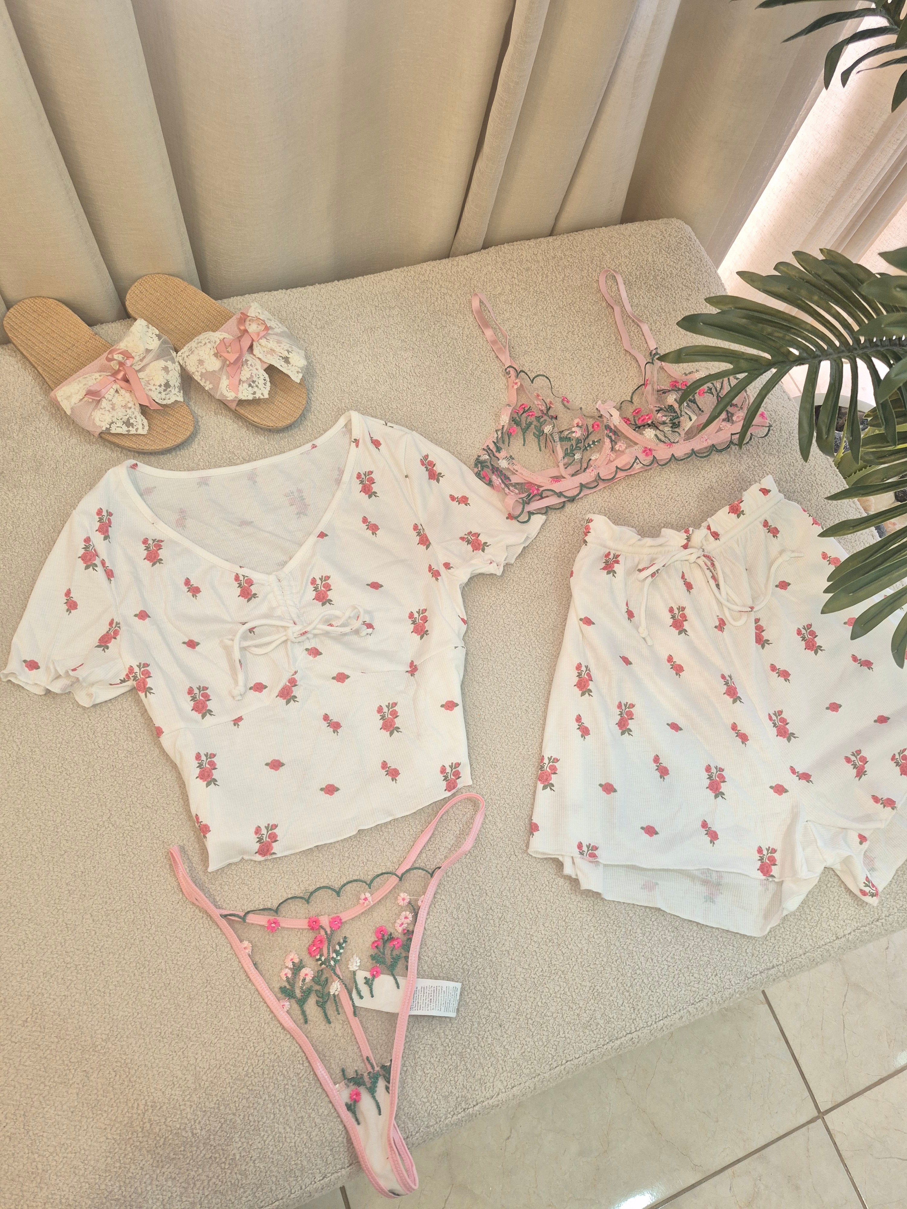 Pink floral short set With Bra Set 4pcs