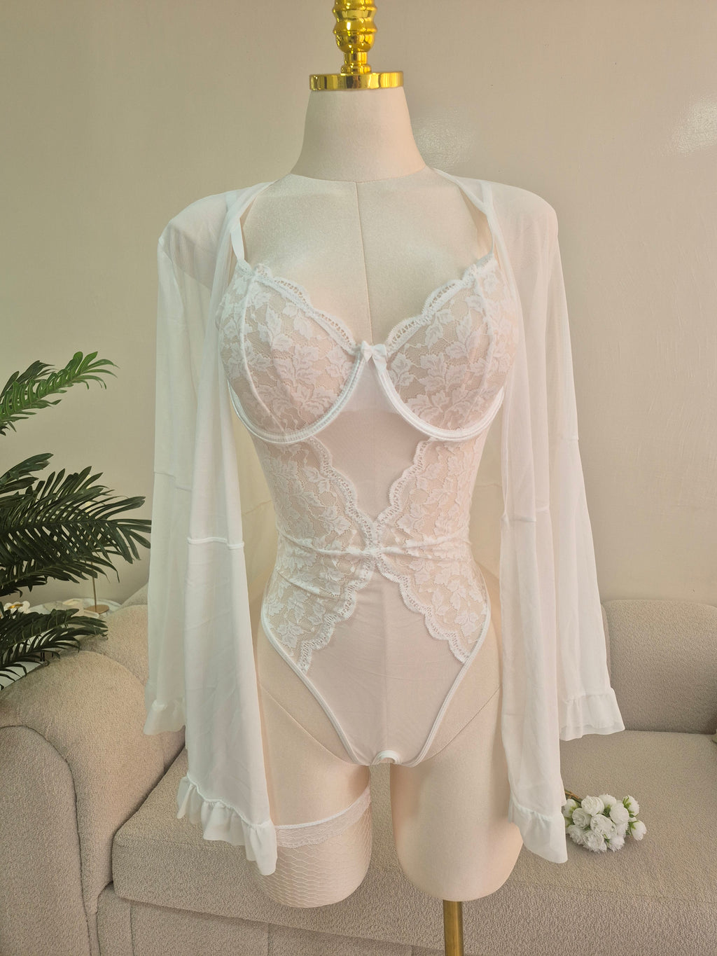 White Bridal Body Suit with robe & socks