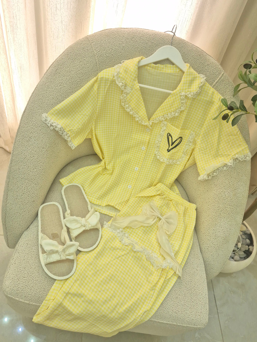 Yellow Pajama Pant Set with Slipper